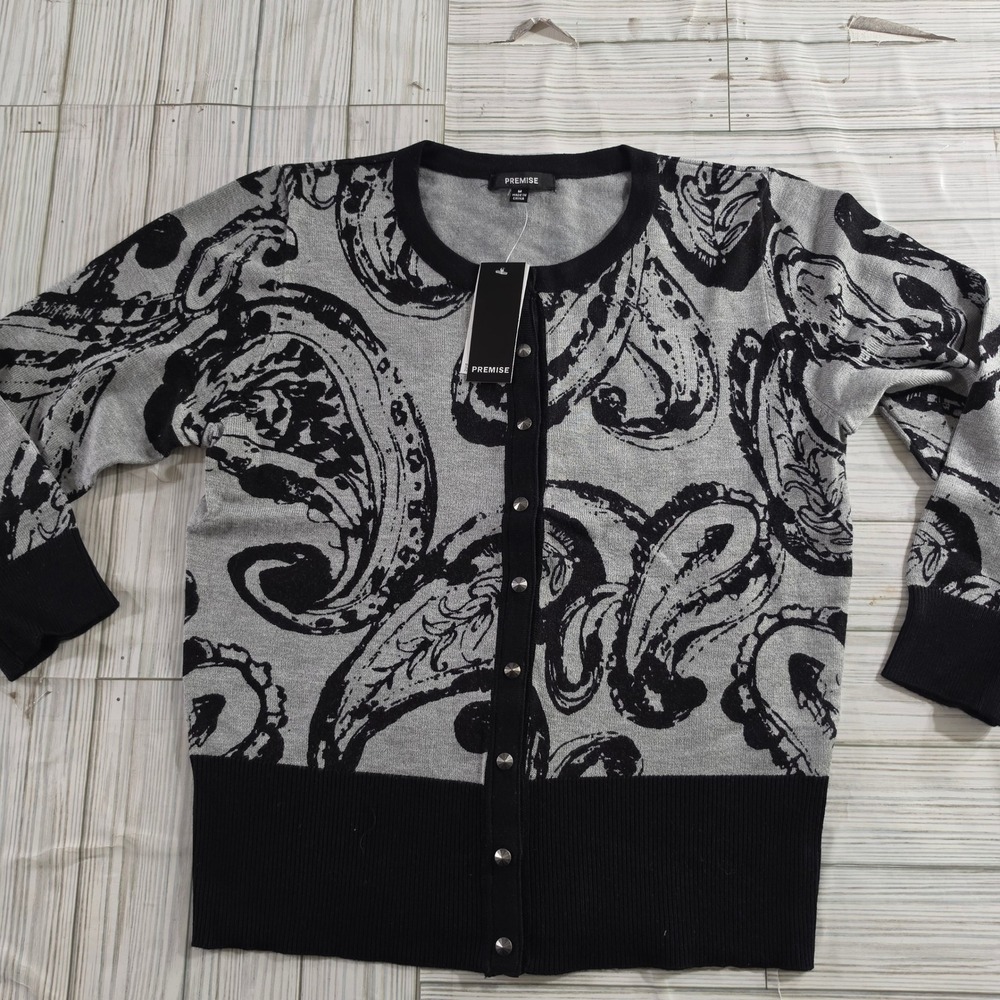 Premise Womens Paisley Button Front Cardigan Sweater Gray Black Stud Buttons M